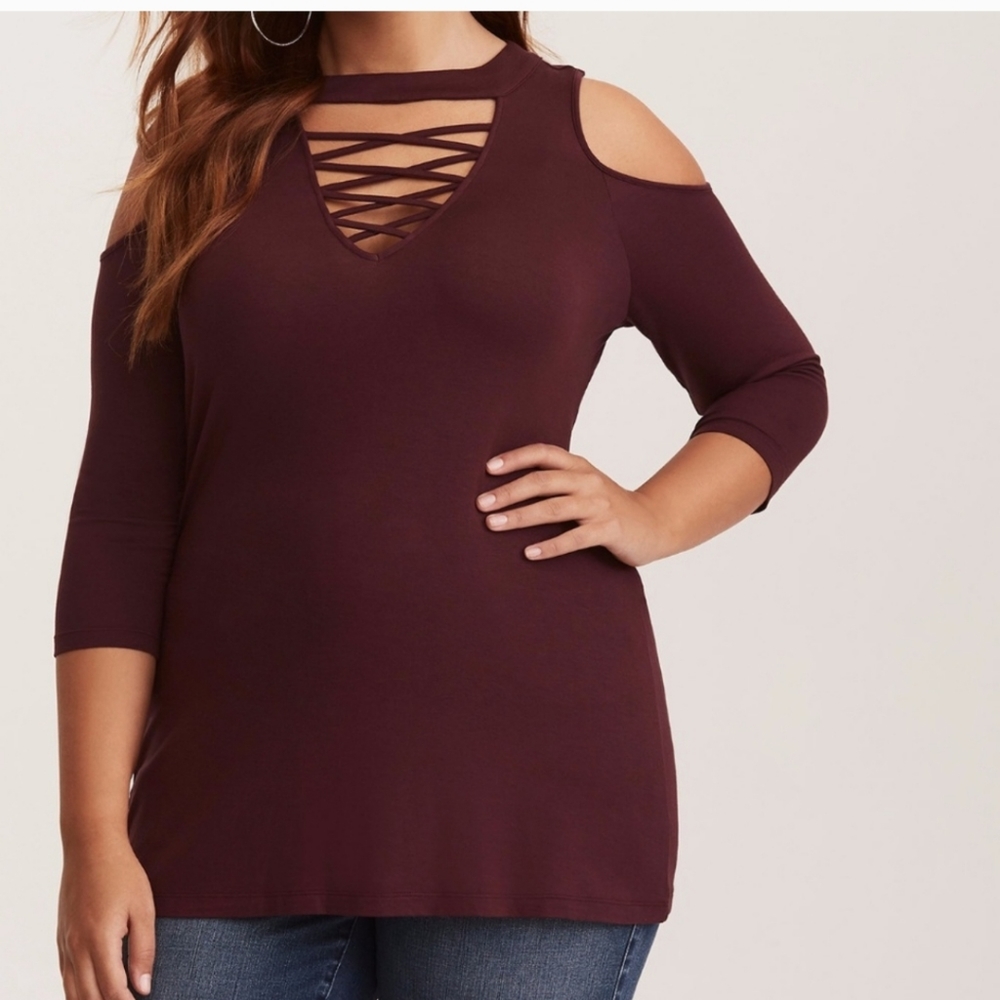 Torrid Lace Up Neck Cold Shoulder Top Wine 3X